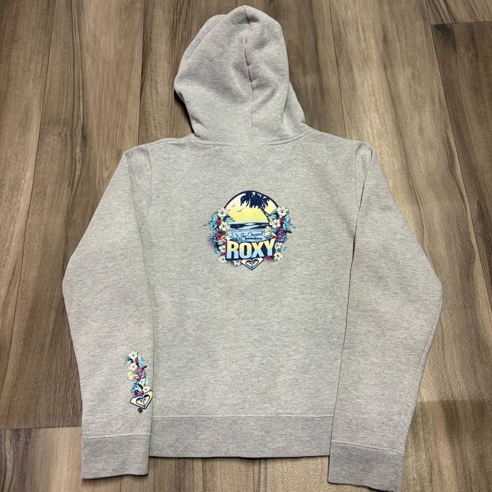 Roxy Quiksilver Womens Gray Floral Graphic Full Zip Hoodie Sweatshirt Large